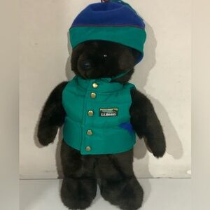 LL Bean Plush Jointed Bear Green Puffer Vest & Hat Vintage 1980s Made In Korea